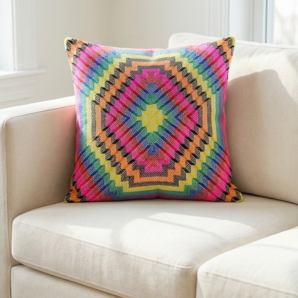 Ignite Rainbow Aztec Pillow Cover Zipper Colorful Black Trim 20‎ x 20 Decor NEW